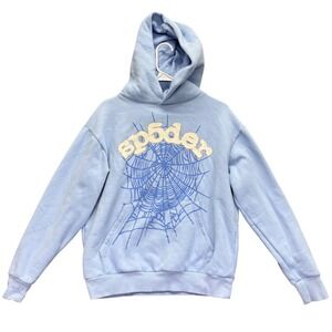 Sp5der Hoodie Mens S Light Blue Graphic Web Pullover Streetwear Sweatshirt